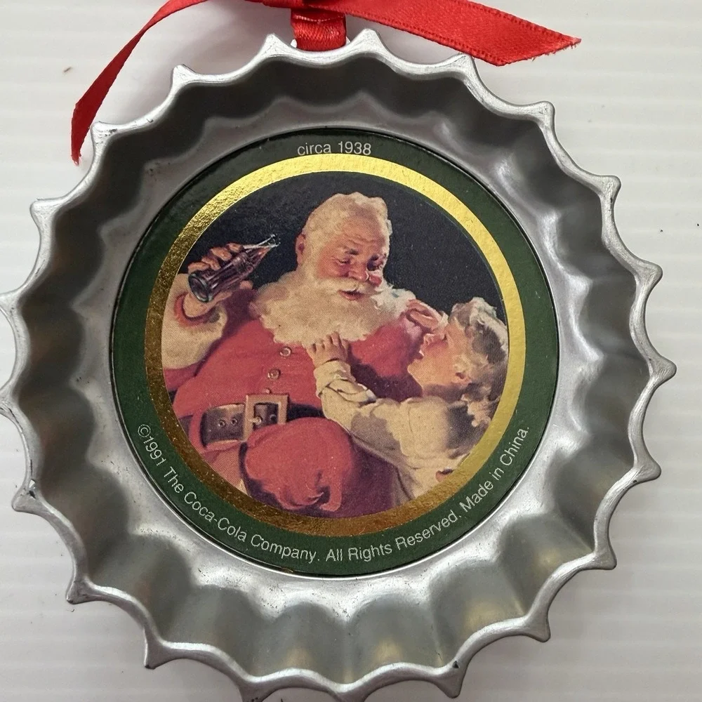 Vintage Coca-Cola Bottle Cap Christmas Tree Ornament 1991 Santa & Child Coke